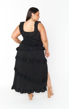 Black Maxi Dress With Ruffled Design For Summer, Black Maxi Dress With Ruffled Straps For Summer, Black Midi Dress With Ruffled Straps And Details, Black Maxi Dress With Ruffled Straps For Spring, Chic Black Maxi Dress With Ruffled Straps, Black Midi Dress With Ruffled Straps For Summer, Black Spring Midi Dress With Ruffled Straps, Black Midi Dress With Ruffled Straps For Spring, Long Black Dress Plus Size