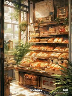 an image of a bakery with breads and pastries in the display case for good day