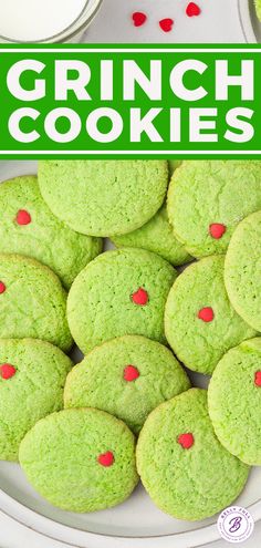 green cookies on a plate with red sprinkles and the words grin's cookies