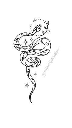 a black and white drawing of a snake with stars on it's back side