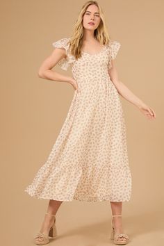 Feminine Spring Chiffon Maxi Dress, Feminine Maxi Dress For Spring Brunch, Elegant Floral Maxi Dress For Daywear, Chic Ditsy Floral Maxi Dress For Day Out, Floral Midi Sundress For Date Night, Maxi Length Dresses With Elastic Waistband For Brunch, Flowy Midi Dress For Day Out, Chic Knee-length Ditsy Floral Print Dress, Floral Midi Sundress For Daywear