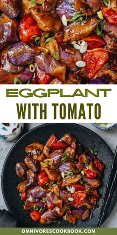 eggplant with tomatoes and onions in a skillet