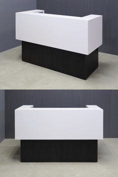 two white and black reception desks side by side