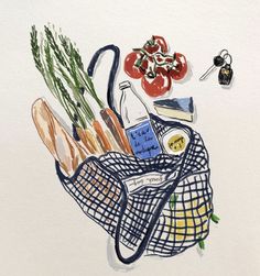 a painting of some food on a towel with tomatoes, bread and other items around it