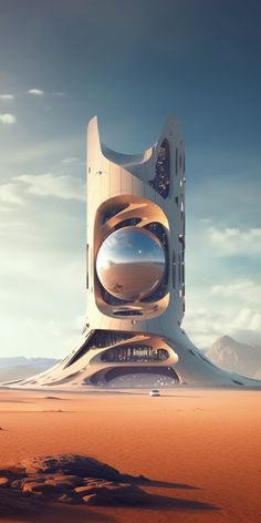 an artistic rendering of a futuristic building in the desert