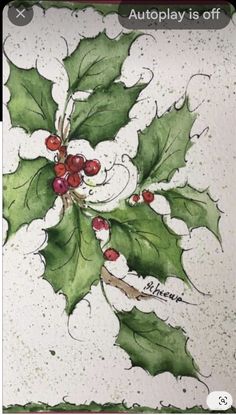 a watercolor christmas card with holly leaves and berries on it, which reads autoplay is off