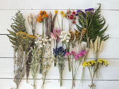 an arrangement of wildflowers arranged on a white wall