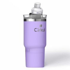 a purple cup with the word cirku on it is sitting in front of a white background