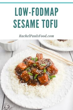 low - fodmap sesame tofu on top of white rice with chopsticks