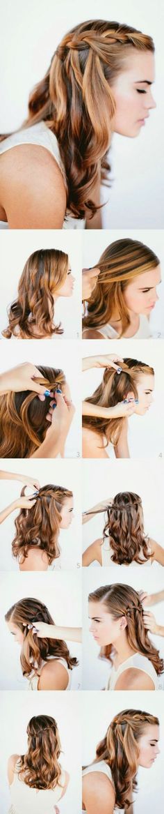 Media trenza … Five Minute Hairstyles, Waterfall Braid Hairstyle, 5 Minute Hairstyles, How To Braid, Braids For Medium Length Hair, Wedding Hairstyles Medium Length, Wedding Hairstyles Tutorial, Long Hair Tutorial, Waterfall Braid