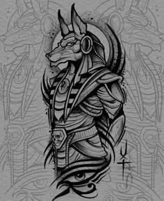 an egyptian tattoo design with the head of anubon in black ink on a gray background