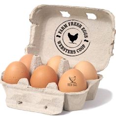 six eggs in an egg carton with the label farm fresh eggs masters coop on it