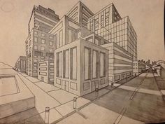 a pencil drawing of a city street with buildings