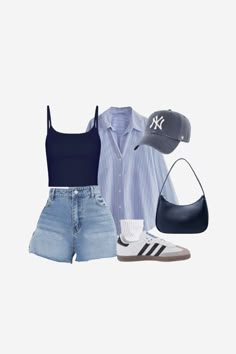 links below 2024 Summer Aesthetic Outfits, Casual Jean Summer Outfits, Vacation Outfit Layout, Outfit For Six Flags, Hamptons Vacation Outfit, Ny Outfit Ideas, Blue Button Down Shirt Outfit Summer, Summer Outfits Trendy 2024, Cute Summer Fits 2024