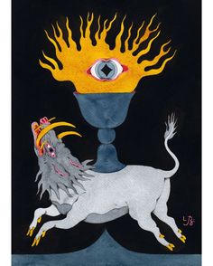 a painting of a lion with an eye on it's head and flames coming out of its eyes