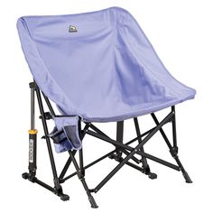 a purple folding chair with two umbrellas on the back and an umbrella holder attached to it