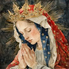 a watercolor painting of the virgin mary holding her hands up to her chest and praying