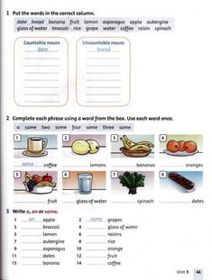 the worksheet is filled with words and pictures to help students understand what food they are