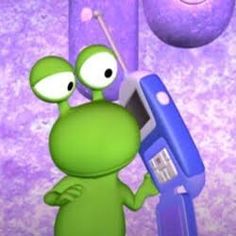 a cartoon character holding a cell phone in one hand and looking at it with two eyes