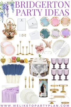 a collage of purple and white items with text that reads bridal party ideas