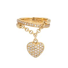 Stylish contemporary diamond heart charm ring crafted in 18 karat yellow gold (circa 2000s).  Round brilliant cut diamonds total an estimated 0.50 carats (estimated at H-I color and SI1-I1 clarity).  The ring highlights pave set sparkling diamonds on a dangling heart charm. Attached to a chain link the unique design of the ring allows the heart to dangle and move. Ideal worn alone as a statement ring and also a fun piece to stack together with your own bands. The low rise ring (2mm - 0.07 inches Masonic Jewelry, Russian Jewelry, Bijoux Art Nouveau, Antique Jewelry Rings, Charm Ring, Art Nouveau Jewelry, Ring Crafts, Charm Rings, Victorian Jewelry