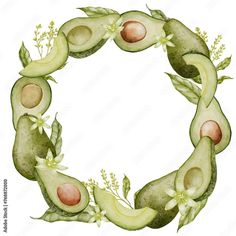 an avocado wreath with leaves and flowers on it, painted in watercolor