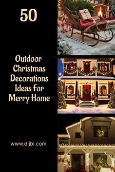 the front cover of an outdoor christmas decorations book, with pictures of houses and trees