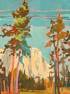 an oil painting of trees in front of a mountain