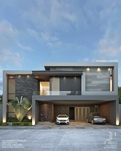 a car is parked in front of a modern house