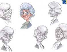 an old woman's head and various facial expressions