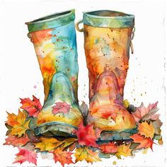 watercolor painting of boots with autumn leaves around them