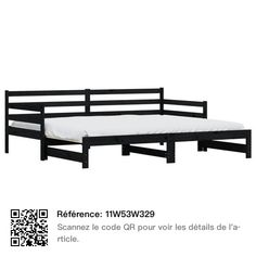 the bed frame is black and has a white mattress on it, as well as a qr code for its details