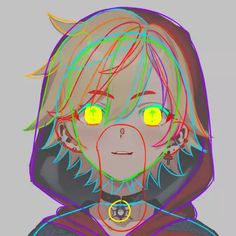 a drawing of a person with yellow eyes and long hair, wearing a hoodie