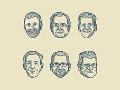 six men's heads with glasses and beards, each drawn in blue ink