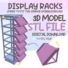 Display racks designed to fit the spinny display tower! The racks can be used to display stickers, buttons, pins and etc!  Mix and match the hooks with these racks to make the display more interesting!  This is just for the rack design, the spinny display tower STL file is not included in this listing! NOTE: This is a digital product. No physical item will be shipped.  FOR PERSONAL USE ONLY, NOT PERMITTED TO RESELL FILE OR PHYSICAL PRODUCT Dimensions: Height: 1.865 in length: 4.338 in depth: 2.4 Artist Alley Display, Art Festival Booth Display, Display Stickers, Festival Booth Display, Art Festival Booth, Gift Shop Displays, Display Tower, Festival Booth, Vendor Displays