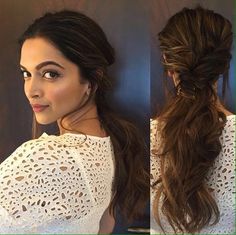 two pictures of a woman with long hair in half updo and side swept ponytail