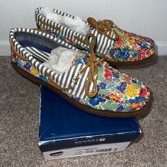 Sperry Top-Sider A/O 2-Eye Boat Shoes, Women’s Size 10. Original Liberty Blue Floral- So Pretty! Brand New In Box, Sold Out And Hard To Find! Blue Slip-on Boat Shoes For Spring, Blue Boat Shoes With Rubber Sole For Spring, Boat Shoes Women, Liberty Floral, Liberty Blue, Sperry Top Sider, Sperry Shoes, Top Sider, Floral Stripe