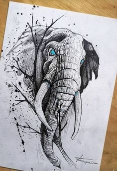 a drawing of an elephant with blue eyes