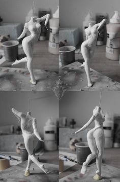 four different images of a female figure in various poses