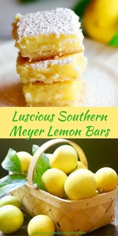 lemon bars are stacked on top of each other with the words, luscious southern meer lemon bars