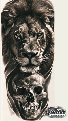 a black and white photo of a lion with a skull