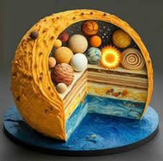 an image of a cake with planets in the center and sun on it's side