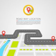 road way location with pin markers and map pointers on white background, flat design