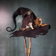 a witches hat is sitting on top of a stick with leaves and spider webs