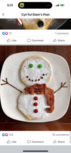 a plate with some food on it and an image of a snowman made out of bread