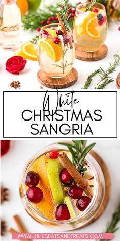 christmas sangria with oranges, apples and cranberries in glass jars on a table