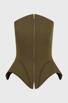 Fitted textured crepe corset top with moon shaped inserts, front zip closure and angled neck line. 100% Polyester Sizes: 6,8,10,12 Back Zip Closure Corset Ideas, Pretty Tops, Fashion Content, Fashion Illustration Dresses, Ny Fashion, Womens Fashion Inspiration, Leather Cross, African Wear