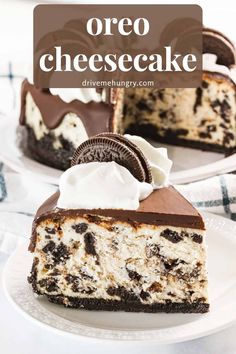 oreo cheesecake on a white plate with the words oreo cheesecake above it