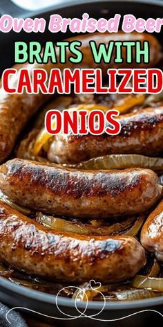 cooked brats with caramelized onions in a skillet