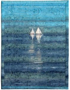 two sailboats floating in the ocean on a quilt